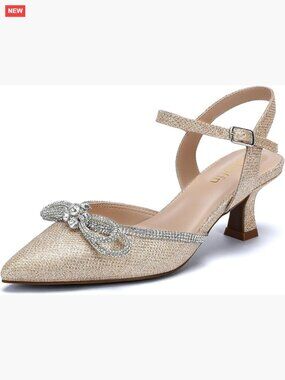 Wide Width Kitten Heel Pumps with Rhinestone Bow Ankle Strap